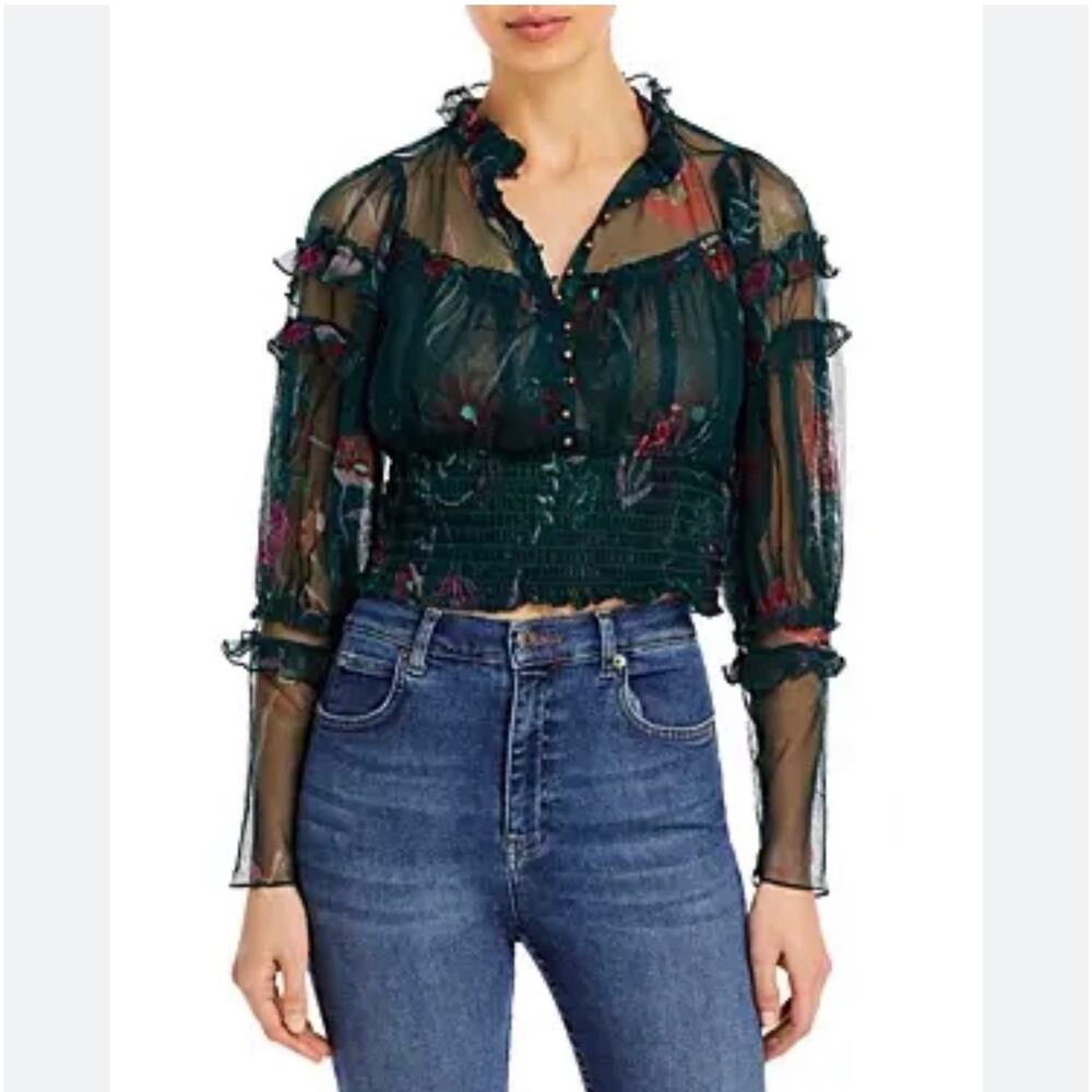 FREE PEOPLE green holiday pop smoked sheer ￼mesh ruffled crop top M ￼